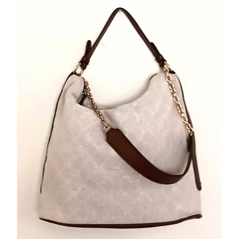 MNG Mango Cream Woven Jacquard Hobo Bag Brown Vegan Leather Double Straps